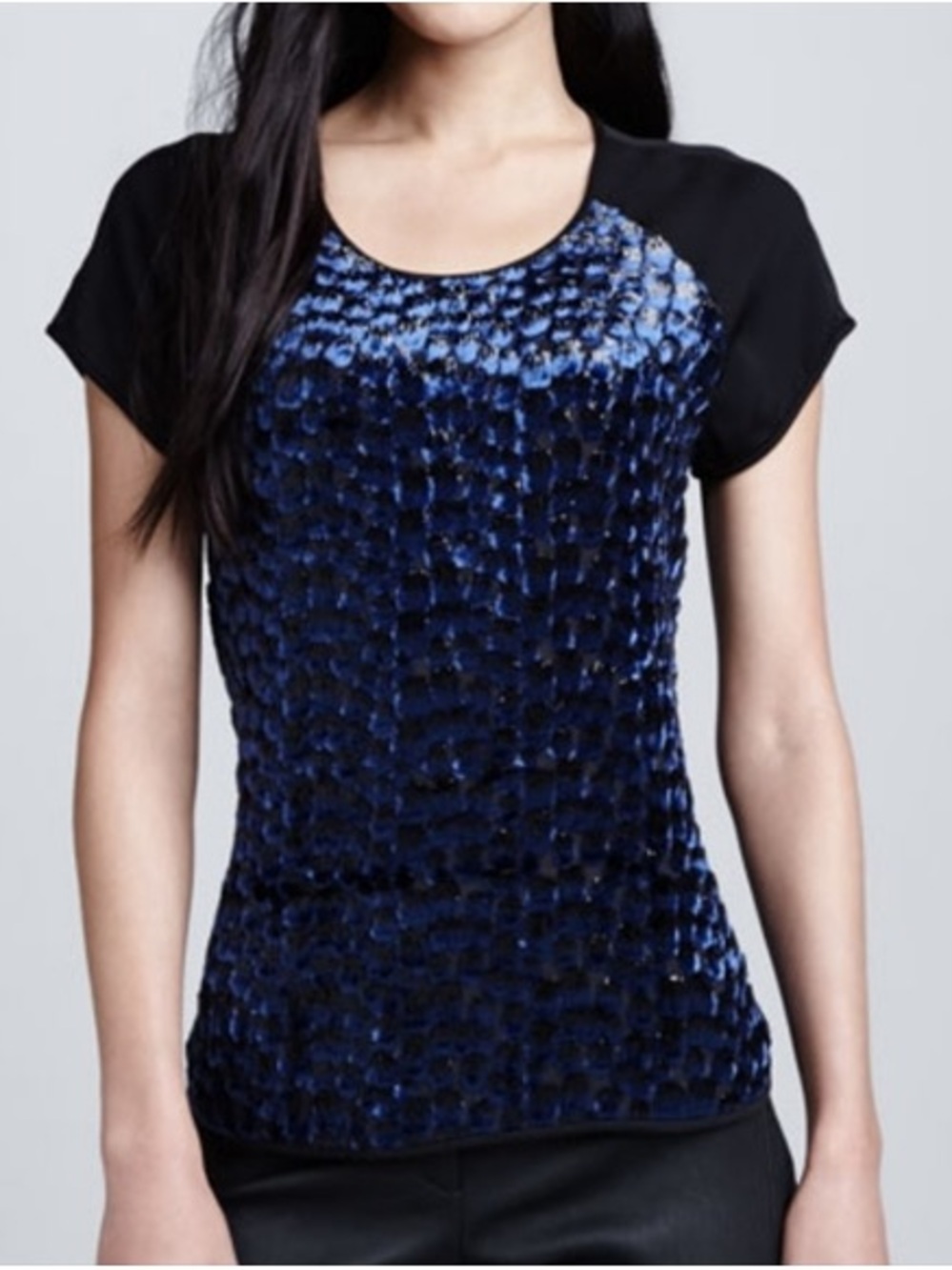 Diane Von Furstenberg Navy Velvet-Textured Short Sleeve Top with Black Sleeves